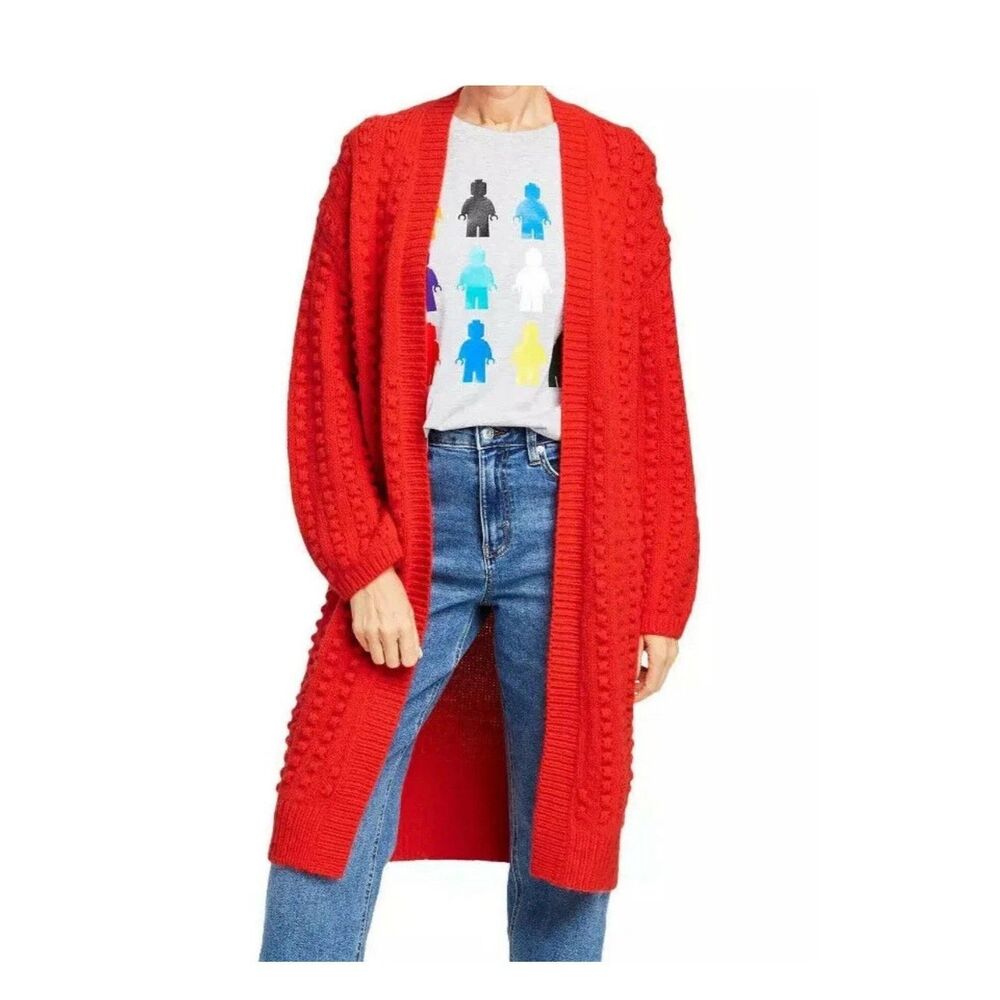 Women's Textured Long Cozy Cardigan Kimono LEGO® Collection x Target Red L Nubby